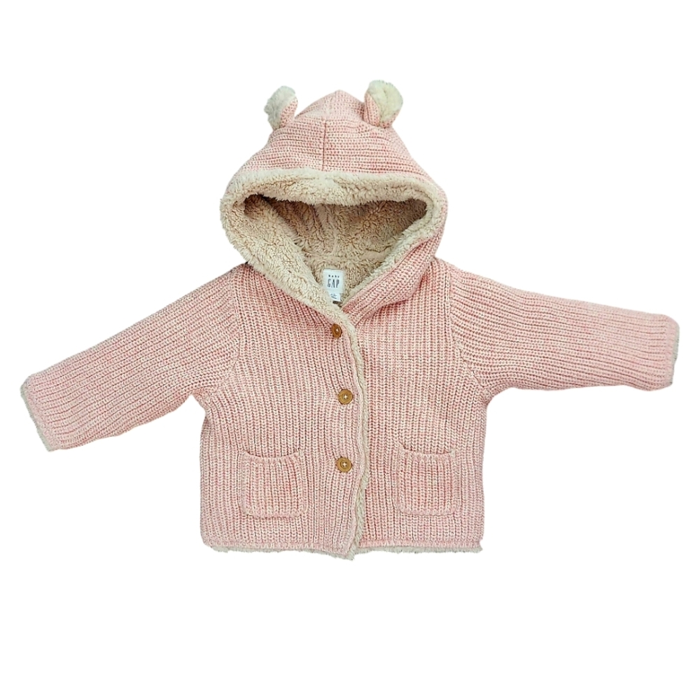 GAP Baby Sherpa Lined Teddy Bear Hooded Cardigan Pink Sweater 6-12 Months WARM